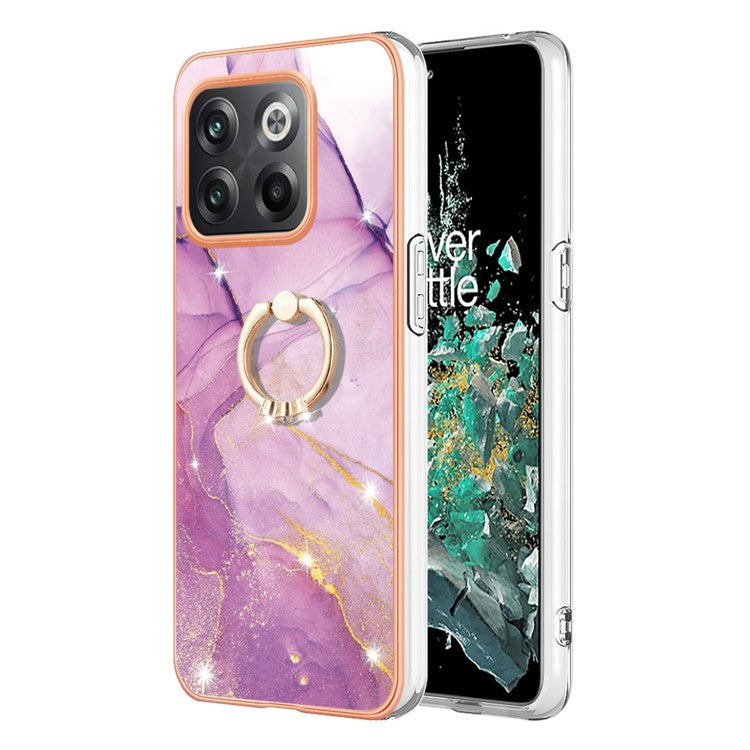 For OnePlus 10T 5G / Ace Pro 5G YB IMD Series-10 Ring Kickstand TPU Phone Case IMD IML Marble Pattern Electroplating Frame Protective Cover - Purple 001