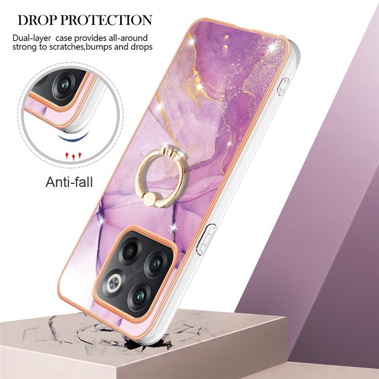 For OnePlus 10T 5G / Ace Pro 5G YB IMD Series-10 Ring Kickstand TPU Phone Case IMD IML Marble Pattern Electroplating Frame Protective Cover - Purple 001