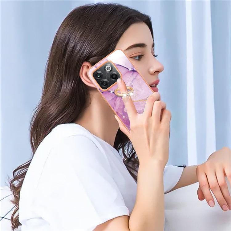 For OnePlus 10T 5G / Ace Pro 5G YB IMD Series-10 Ring Kickstand TPU Phone Case IMD IML Marble Pattern Electroplating Frame Protective Cover - Purple 001
