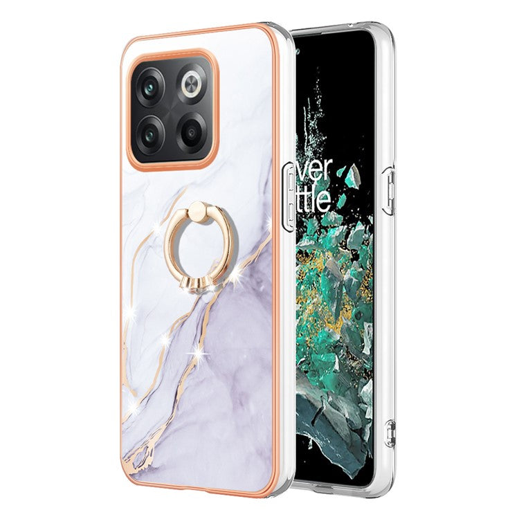 For OnePlus 10T 5G / Ace Pro 5G YB IMD Series-10 Ring Kickstand TPU Phone Case IMD IML Marble Pattern Electroplating Frame Protective Cover - White 006