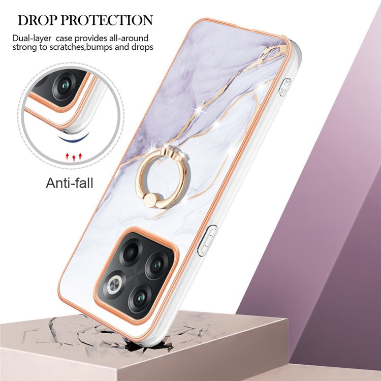 For OnePlus 10T 5G / Ace Pro 5G YB IMD Series-10 Ring Kickstand TPU Phone Case IMD IML Marble Pattern Electroplating Frame Protective Cover - White 006