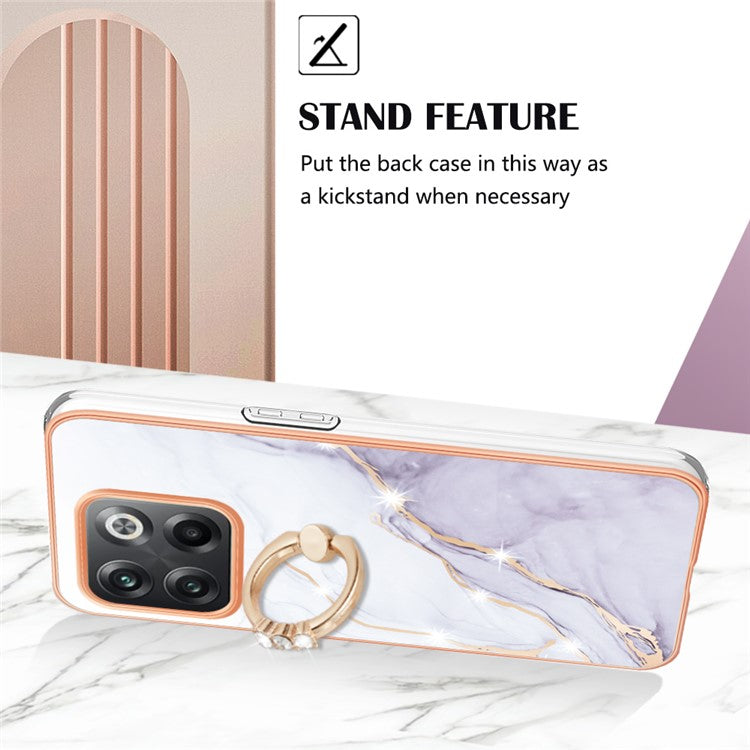 For OnePlus 10T 5G / Ace Pro 5G YB IMD Series-10 Ring Kickstand TPU Phone Case IMD IML Marble Pattern Electroplating Frame Protective Cover - White 006