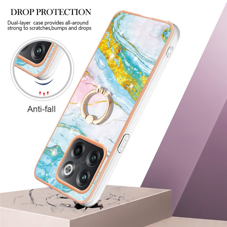 For OnePlus 10T 5G / Ace Pro 5G YB IMD Series-10 Ring Kickstand TPU Phone Case IMD IML Marble Pattern Electroplating Frame Protective Cover - Green 004