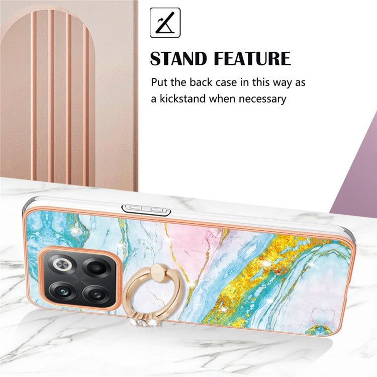 For OnePlus 10T 5G / Ace Pro 5G YB IMD Series-10 Ring Kickstand TPU Phone Case IMD IML Marble Pattern Electroplating Frame Protective Cover - Green 004
