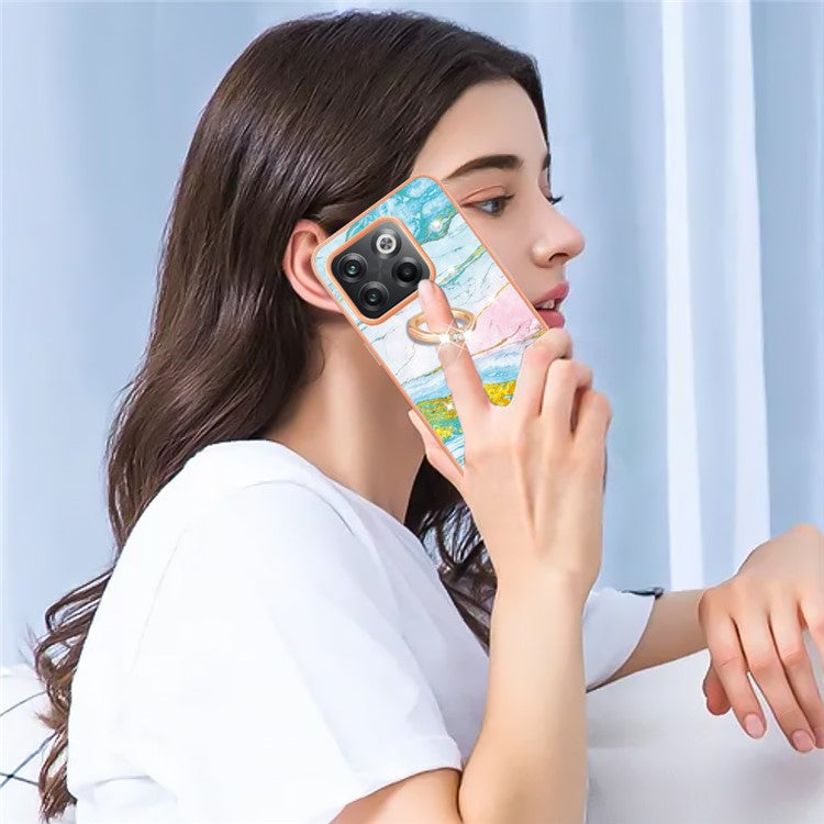 For OnePlus 10T 5G / Ace Pro 5G YB IMD Series-10 Ring Kickstand TPU Phone Case IMD IML Marble Pattern Electroplating Frame Protective Cover - Green 004