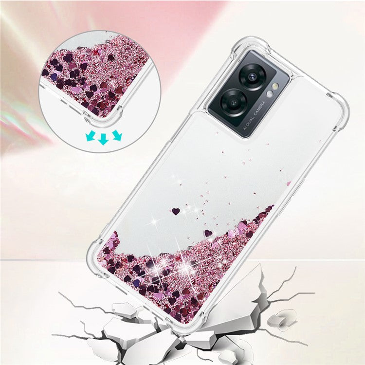 YB Quicksand Series-1 for OnePlus Nord N300 5G / Oppo A57 (2022) 5G / A77 5G / Realme Q5i / Narzo 50 5G / V23 5G Floating Glitter Quicksand Phone Case Soft TPU Cover - Rose Gold / Hearts