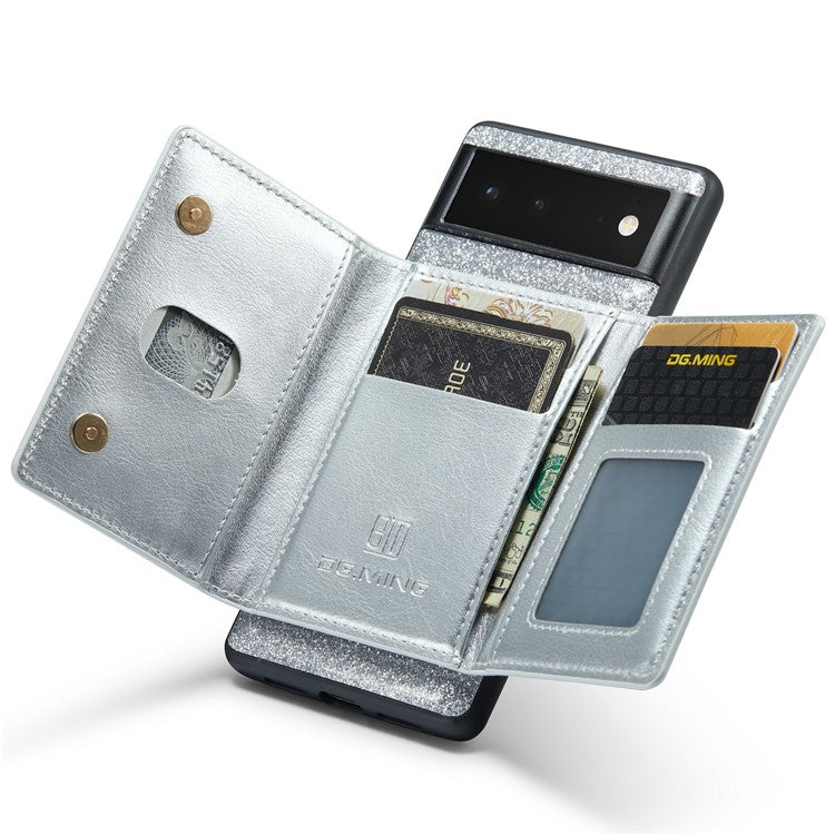 DG.MING M3 Series For Google Pixel 6 2-in-1 Glittery PU Leather Coated PC+TPU Back Case Magnetic Detachable Zipper Wallet Drop Protection Phone Cover with Kickstand - Silver