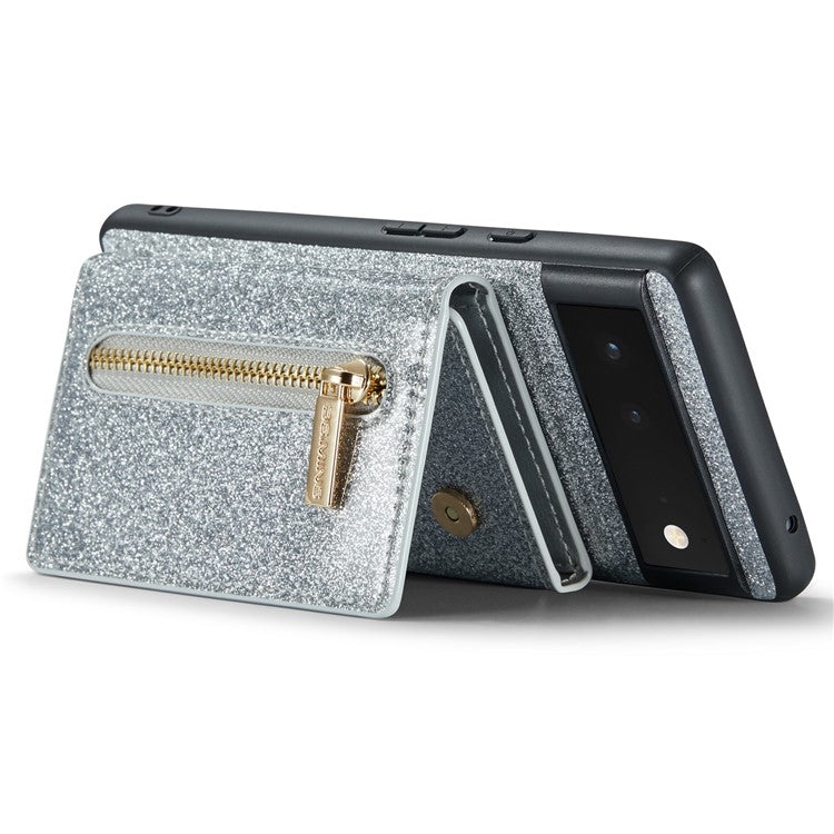 DG.MING M3 Series For Google Pixel 6 2-in-1 Glittery PU Leather Coated PC+TPU Back Case Magnetic Detachable Zipper Wallet Drop Protection Phone Cover with Kickstand - Silver