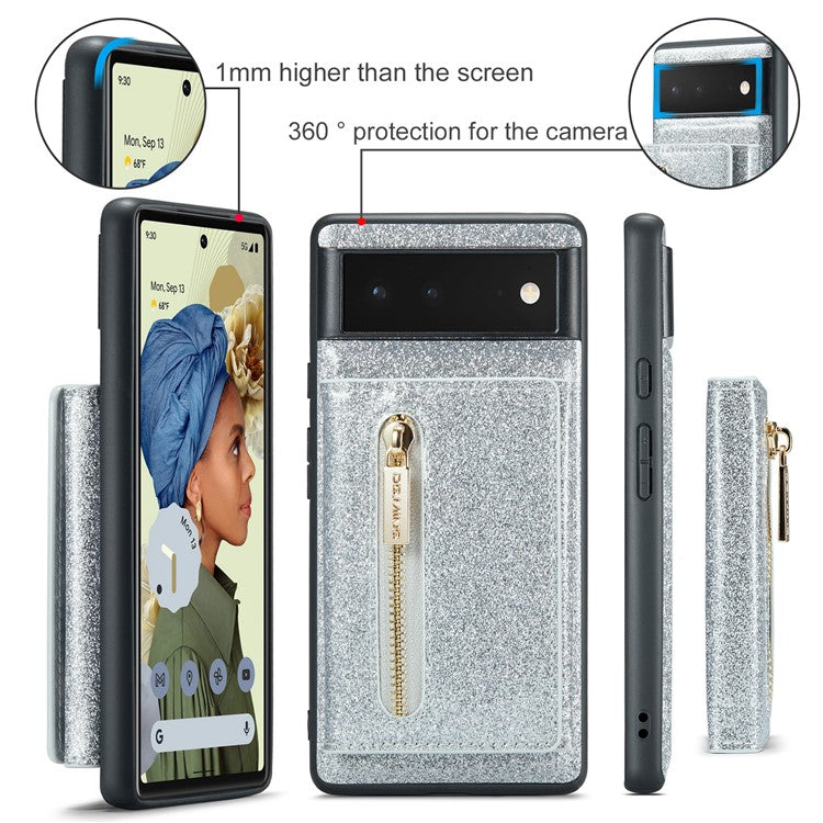 DG.MING M3 Series For Google Pixel 6 2-in-1 Glittery PU Leather Coated PC+TPU Back Case Magnetic Detachable Zipper Wallet Drop Protection Phone Cover with Kickstand - Silver