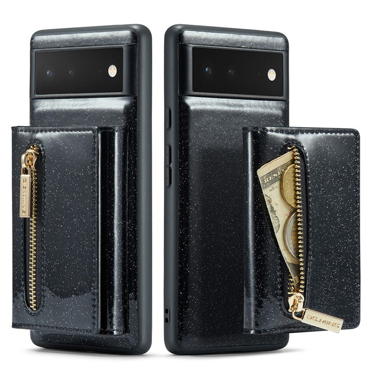 DG.MING M3 Series For Google Pixel 6 2-in-1 Glittery PU Leather Coated PC+TPU Back Case Magnetic Detachable Zipper Wallet Drop Protection Phone Cover with Kickstand - Black
