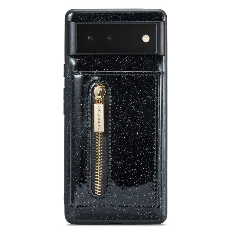 DG.MING M3 Series For Google Pixel 6 2-in-1 Glittery PU Leather Coated PC+TPU Back Case Magnetic Detachable Zipper Wallet Drop Protection Phone Cover with Kickstand - Black