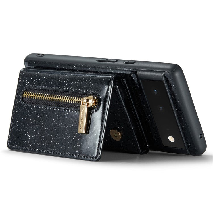 DG.MING M3 Series For Google Pixel 6 2-in-1 Glittery PU Leather Coated PC+TPU Back Case Magnetic Detachable Zipper Wallet Drop Protection Phone Cover with Kickstand - Black
