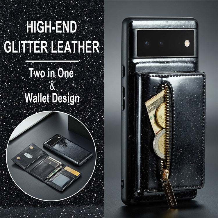 DG.MING M3 Series For Google Pixel 6 2-in-1 Glittery PU Leather Coated PC+TPU Back Case Magnetic Detachable Zipper Wallet Drop Protection Phone Cover with Kickstand - Black