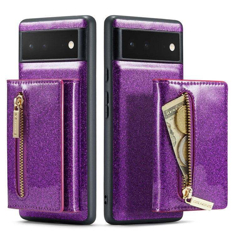 DG.MING M3 Series For Google Pixel 6 2-in-1 Glittery PU Leather Coated PC+TPU Back Case Magnetic Detachable Zipper Wallet Drop Protection Phone Cover with Kickstand - Dark Purple