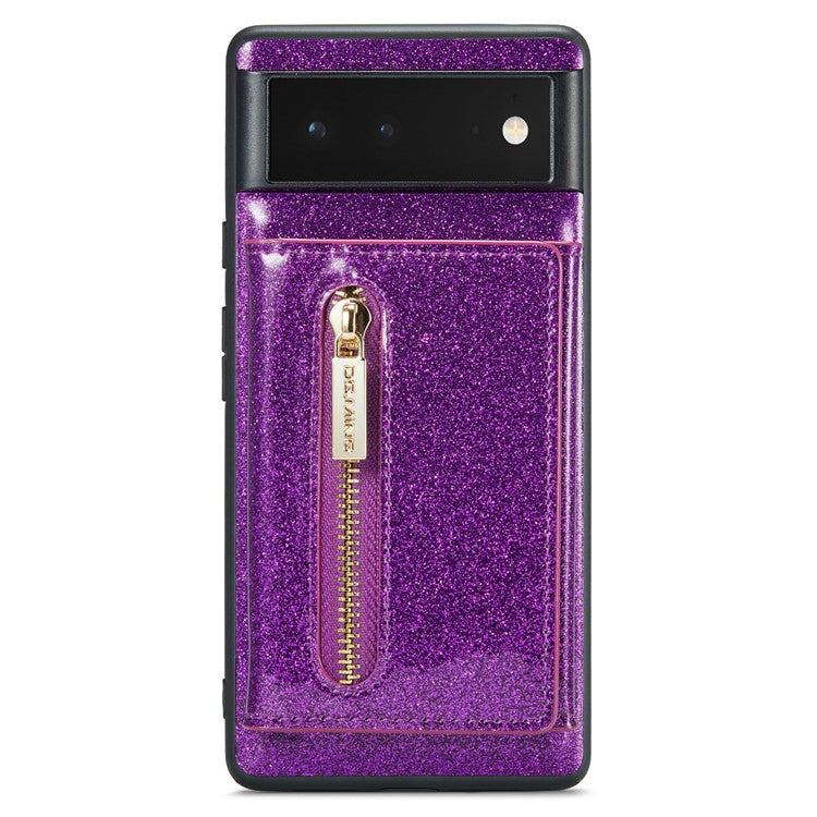 DG.MING M3 Series For Google Pixel 6 2-in-1 Glittery PU Leather Coated PC+TPU Back Case Magnetic Detachable Zipper Wallet Drop Protection Phone Cover with Kickstand - Dark Purple