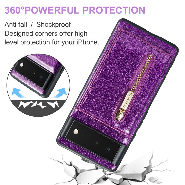 DG.MING M3 Series For Google Pixel 6 2-in-1 Glittery PU Leather Coated PC+TPU Back Case Magnetic Detachable Zipper Wallet Drop Protection Phone Cover with Kickstand - Dark Purple