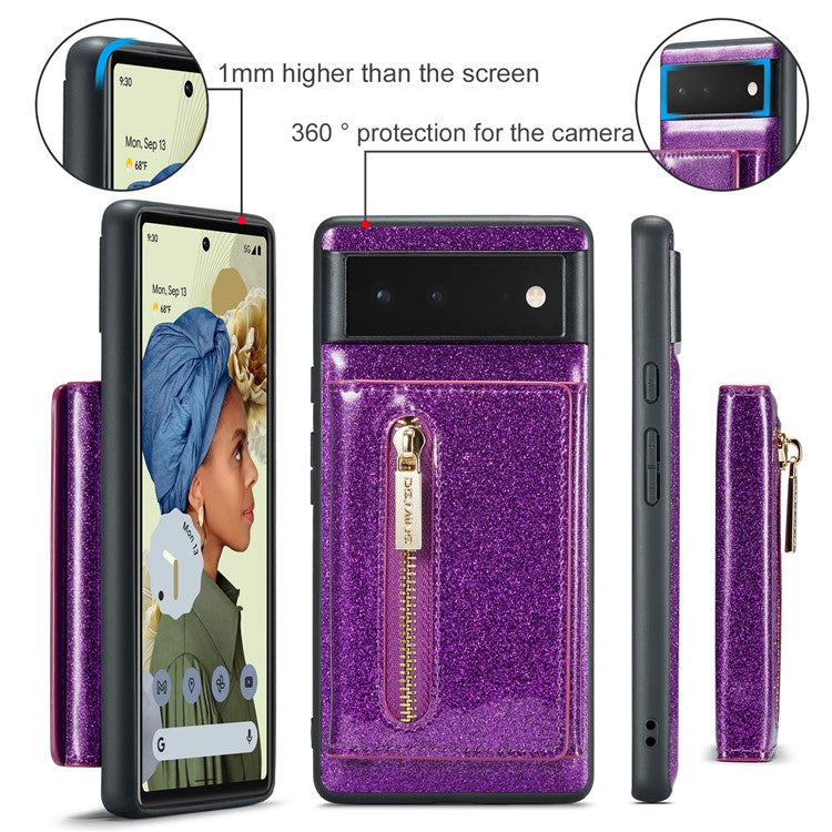 DG.MING M3 Series For Google Pixel 6 2-in-1 Glittery PU Leather Coated PC+TPU Back Case Magnetic Detachable Zipper Wallet Drop Protection Phone Cover with Kickstand - Dark Purple