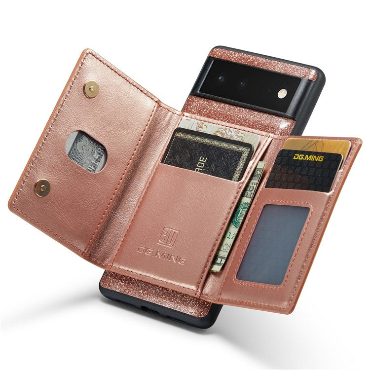 DG.MING M3 Series For Google Pixel 6 2-in-1 Glittery PU Leather Coated PC+TPU Back Case Magnetic Detachable Zipper Wallet Drop Protection Phone Cover with Kickstand - Rose Gold