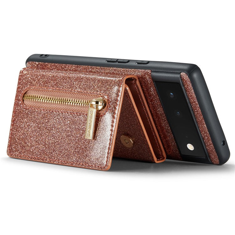 DG.MING M3 Series For Google Pixel 6 2-in-1 Glittery PU Leather Coated PC+TPU Back Case Magnetic Detachable Zipper Wallet Drop Protection Phone Cover with Kickstand - Rose Gold