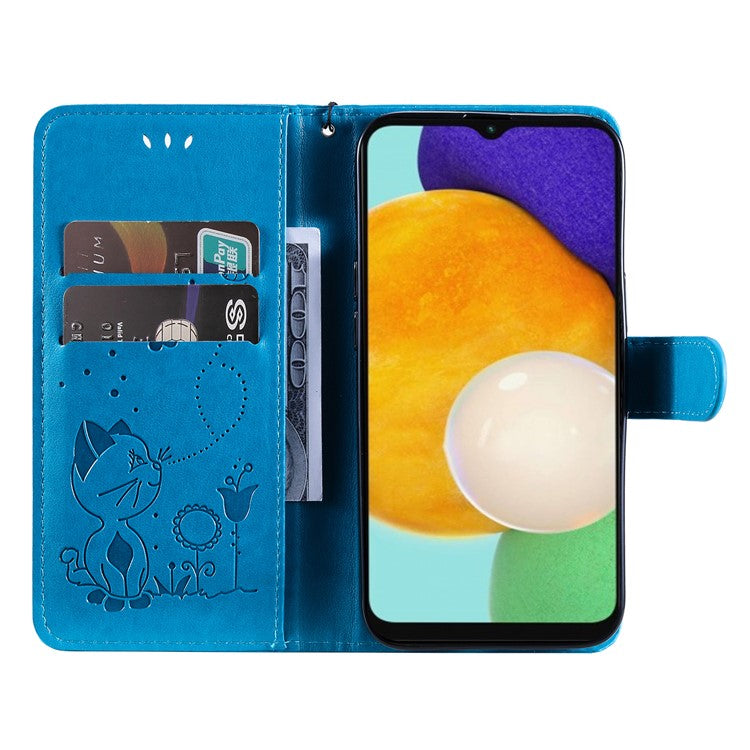 KT Imprinting Flower Series-4 for Samsung Galaxy A34 5G PU Leather Flip Phone Wallet Case Imprinted Cat Bee Flower Stand Shockproof Magnetic Phone Cover with Strap - Blue