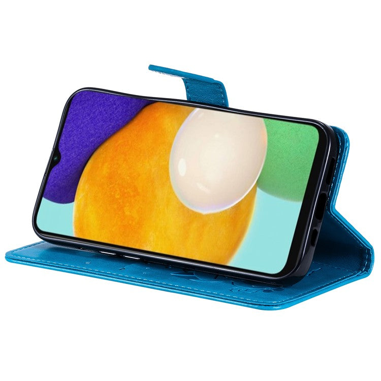 KT Imprinting Flower Series-4 for Samsung Galaxy A34 5G PU Leather Flip Phone Wallet Case Imprinted Cat Bee Flower Stand Shockproof Magnetic Phone Cover with Strap - Blue