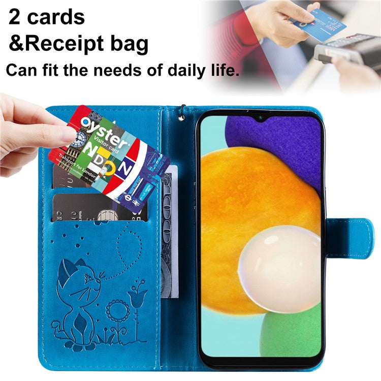 KT Imprinting Flower Series-4 for Samsung Galaxy A34 5G PU Leather Flip Phone Wallet Case Imprinted Cat Bee Flower Stand Shockproof Magnetic Phone Cover with Strap - Blue