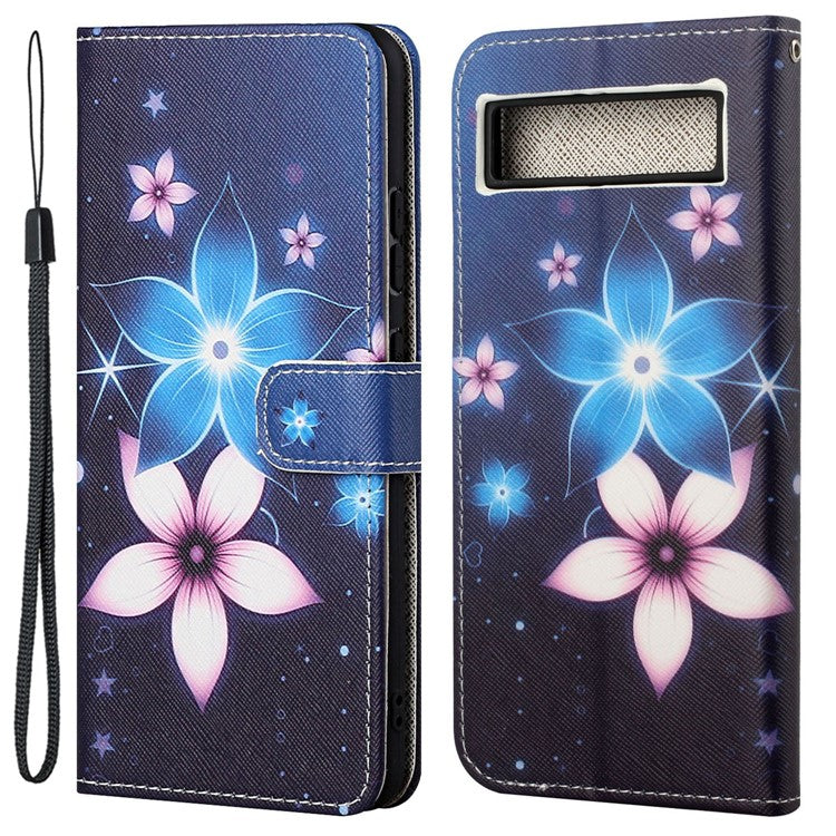 For Google Pixel 7a PU Leather Flip 3D Pattern Printing Phone Case Cross Texture Magnetic Closure Stand Folio Cover - Blue Flower