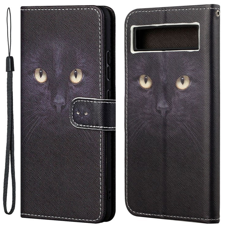 For Google Pixel 7a PU Leather Flip 3D Pattern Printing Phone Case Cross Texture Magnetic Closure Stand Folio Cover - Cat's Eye