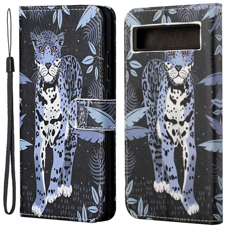 For Google Pixel 7a PU Leather Flip 3D Pattern Printing Phone Case Cross Texture Magnetic Closure Stand Folio Cover - Leopard