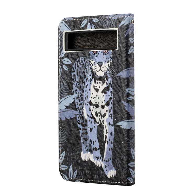 For Google Pixel 7a PU Leather Flip 3D Pattern Printing Phone Case Cross Texture Magnetic Closure Stand Folio Cover - Leopard