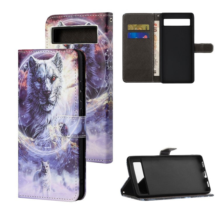 For Google Pixel 7a PU Leather Flip 3D Pattern Printing Phone Case Cross Texture Magnetic Closure Stand Folio Cover - Snow Wolf