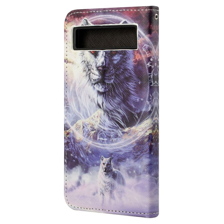 For Google Pixel 7a PU Leather Flip 3D Pattern Printing Phone Case Cross Texture Magnetic Closure Stand Folio Cover - Snow Wolf