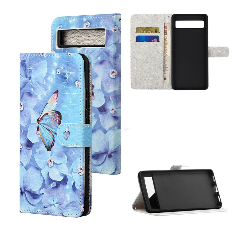For Google Pixel 7a PU Leather Flip 3D Pattern Printing Phone Case Cross Texture Magnetic Closure Stand Folio Cover - Flower and Butterfly