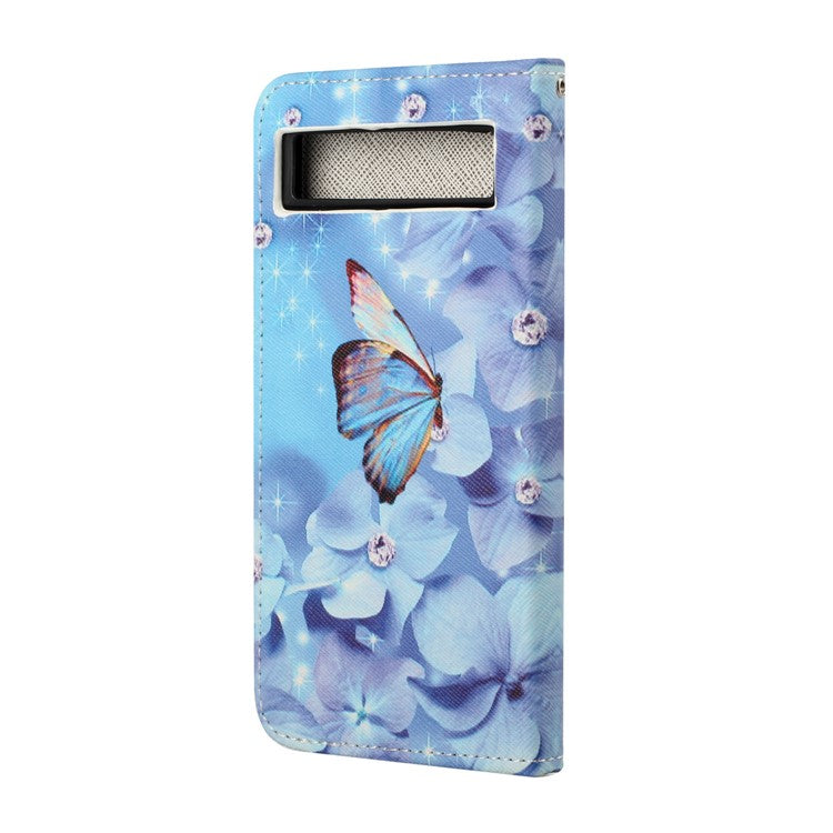For Google Pixel 7a PU Leather Flip 3D Pattern Printing Phone Case Cross Texture Magnetic Closure Stand Folio Cover - Flower and Butterfly