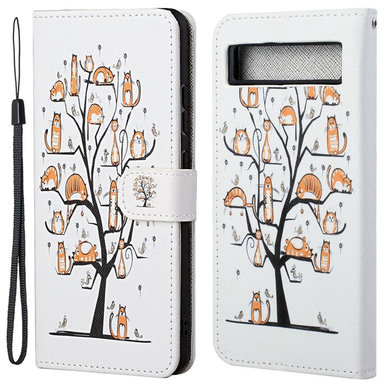 For Google Pixel 7a PU Leather Flip 3D Pattern Printing Phone Case Cross Texture Magnetic Closure Stand Folio Cover - Cat and Tree