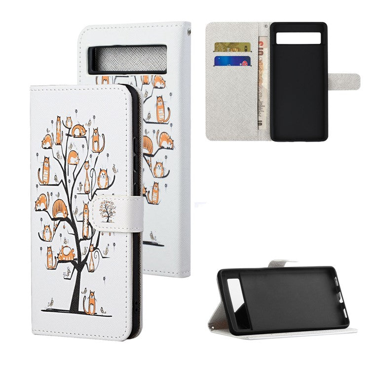 For Google Pixel 7a PU Leather Flip 3D Pattern Printing Phone Case Cross Texture Magnetic Closure Stand Folio Cover - Cat and Tree