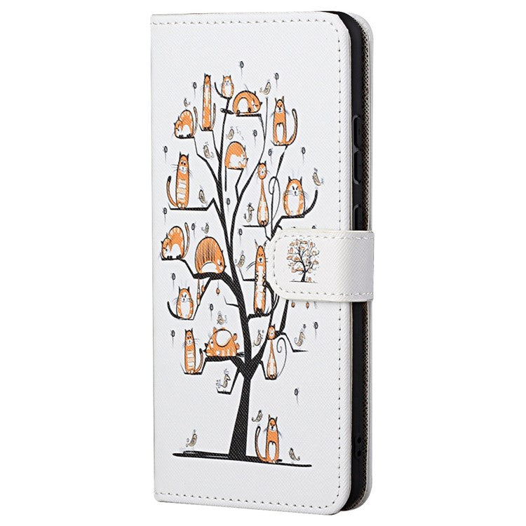 For Google Pixel 7a PU Leather Flip 3D Pattern Printing Phone Case Cross Texture Magnetic Closure Stand Folio Cover - Cat and Tree