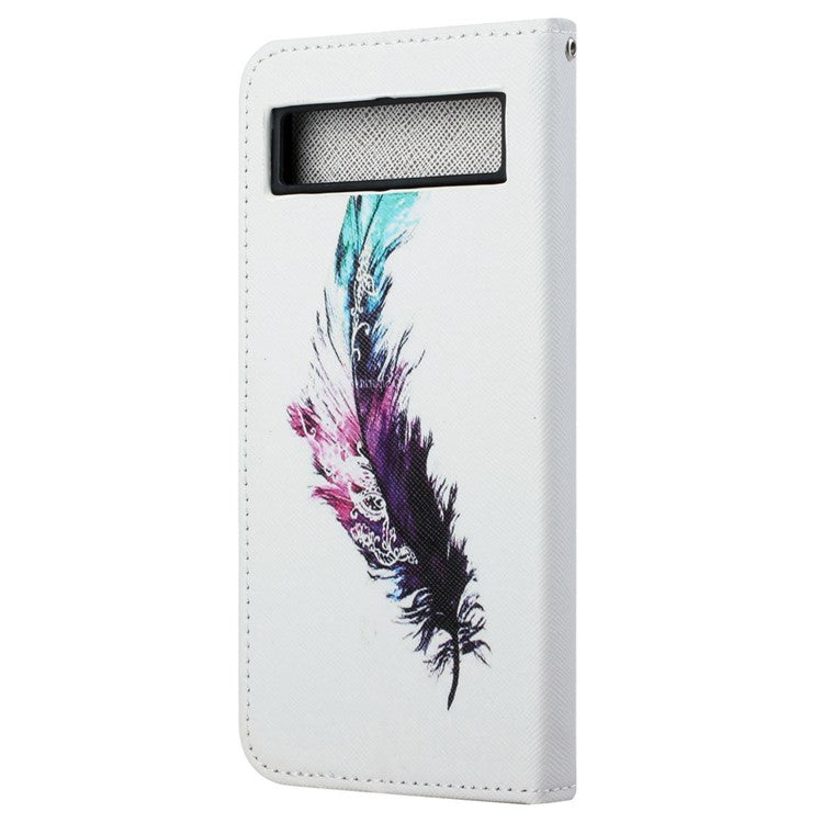 For Google Pixel 7a PU Leather Flip 3D Pattern Printing Phone Case Cross Texture Magnetic Closure Stand Folio Cover - Feather