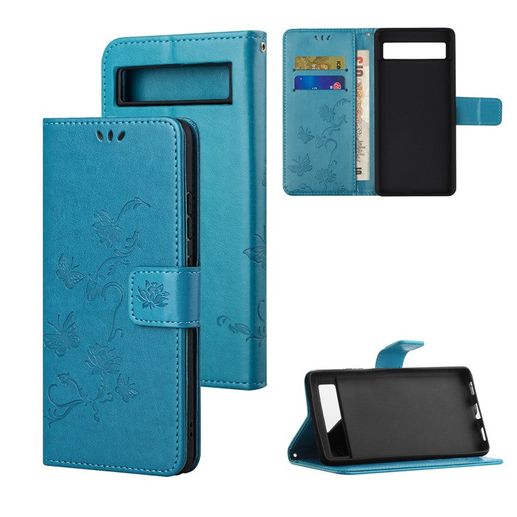 For Google Pixel 7a PU Leather Wallet Phone Case Imprinted Butterfly Flower Pattern Magnetic Closure Stand Flip Cover with Strap - Blue