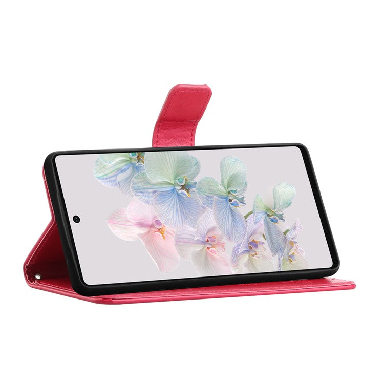 For Google Pixel 7a PU Leather Wallet Phone Case Imprinted Butterfly Flower Pattern Magnetic Closure Stand Flip Cover with Strap - Red