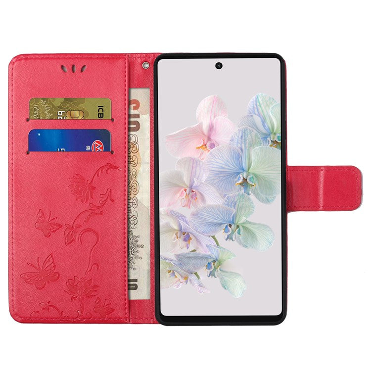 For Google Pixel 7a PU Leather Wallet Phone Case Imprinted Butterfly Flower Pattern Magnetic Closure Stand Flip Cover with Strap - Red
