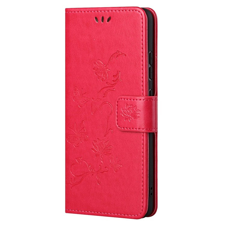 For Google Pixel 7a PU Leather Wallet Phone Case Imprinted Butterfly Flower Pattern Magnetic Closure Stand Flip Cover with Strap - Red
