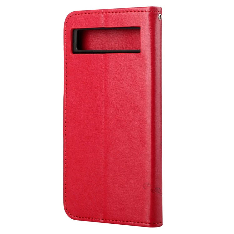 For Google Pixel 7a PU Leather Wallet Phone Case Imprinted Butterfly Flower Pattern Magnetic Closure Stand Flip Cover with Strap - Red