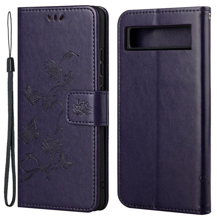 For Google Pixel 7a PU Leather Wallet Phone Case Imprinted Butterfly Flower Pattern Magnetic Closure Stand Flip Cover with Strap - Dark Purple