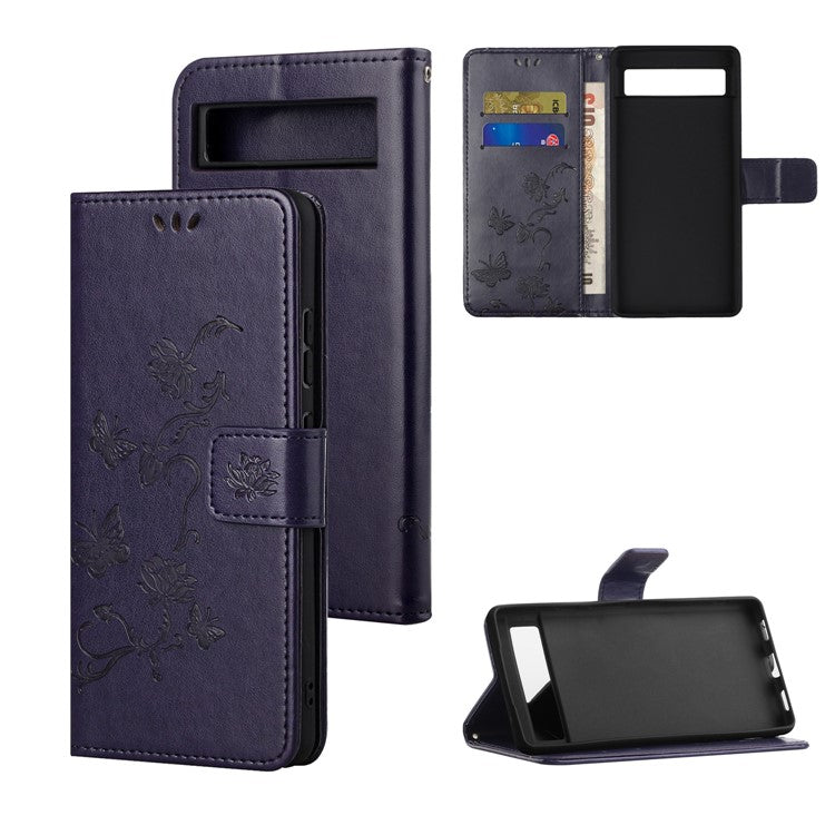 For Google Pixel 7a PU Leather Wallet Phone Case Imprinted Butterfly Flower Pattern Magnetic Closure Stand Flip Cover with Strap - Dark Purple
