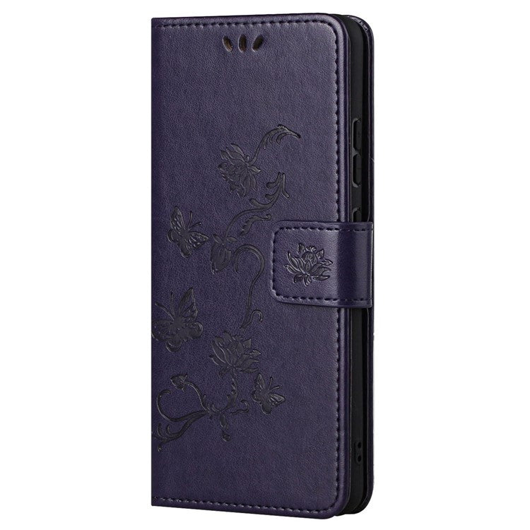 For Google Pixel 7a PU Leather Wallet Phone Case Imprinted Butterfly Flower Pattern Magnetic Closure Stand Flip Cover with Strap - Dark Purple