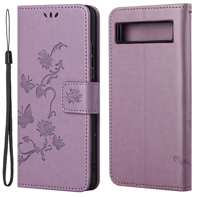 For Google Pixel 7a PU Leather Wallet Phone Case Imprinted Butterfly Flower Pattern Magnetic Closure Stand Flip Cover with Strap - Purple