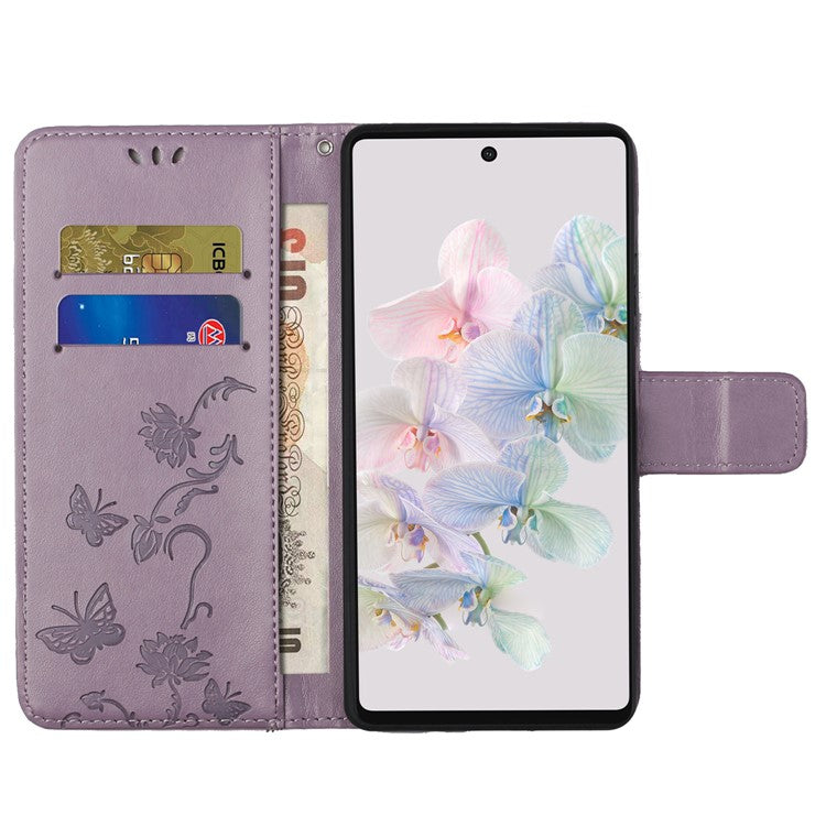 For Google Pixel 7a PU Leather Wallet Phone Case Imprinted Butterfly Flower Pattern Magnetic Closure Stand Flip Cover with Strap - Purple