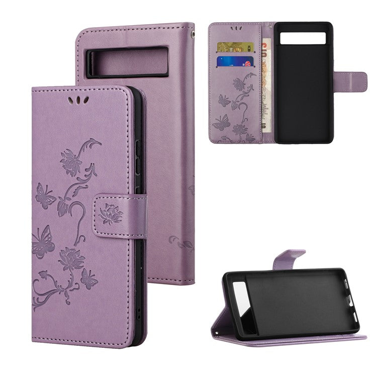 For Google Pixel 7a PU Leather Wallet Phone Case Imprinted Butterfly Flower Pattern Magnetic Closure Stand Flip Cover with Strap - Purple