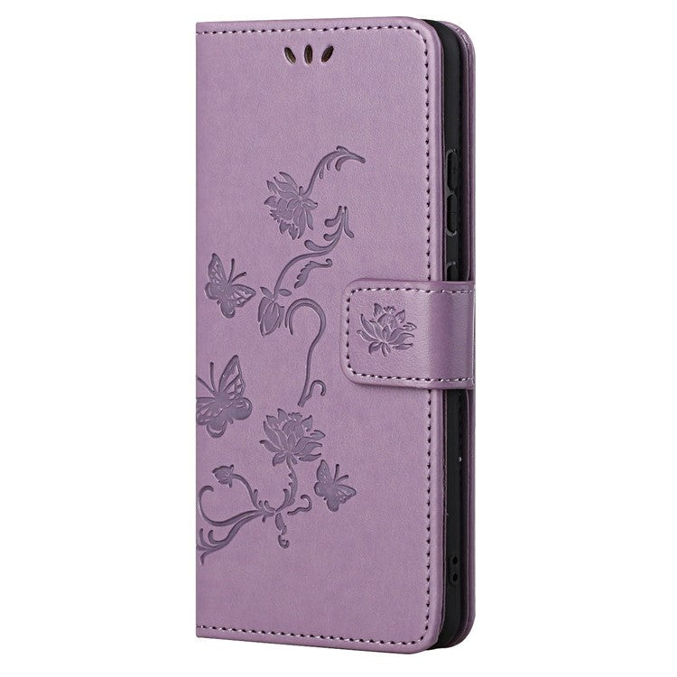 For Google Pixel 7a PU Leather Wallet Phone Case Imprinted Butterfly Flower Pattern Magnetic Closure Stand Flip Cover with Strap - Purple